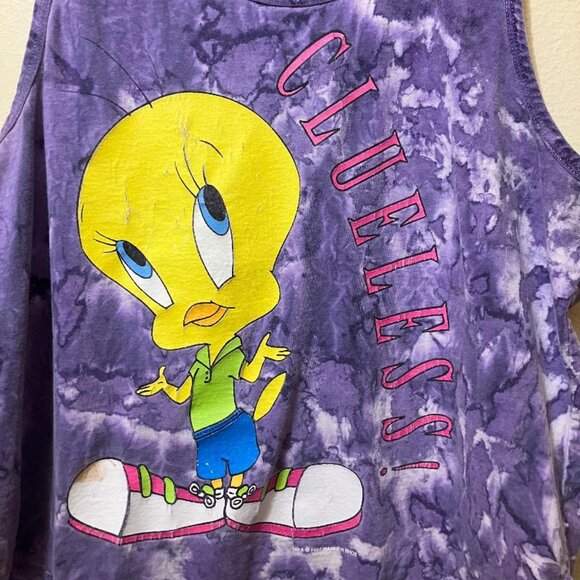 Vintage 1997 Women's Purple Tie Dye Looney Tunes Tweety Bird Clueless Size S/M - Picture 3 of 7